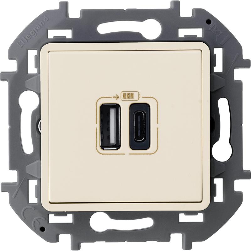 Inspiria Слоновая кость Устройство зарядное 2 местное с USB-разьемами A-C 240В/5В 3000мА С/У без рамки