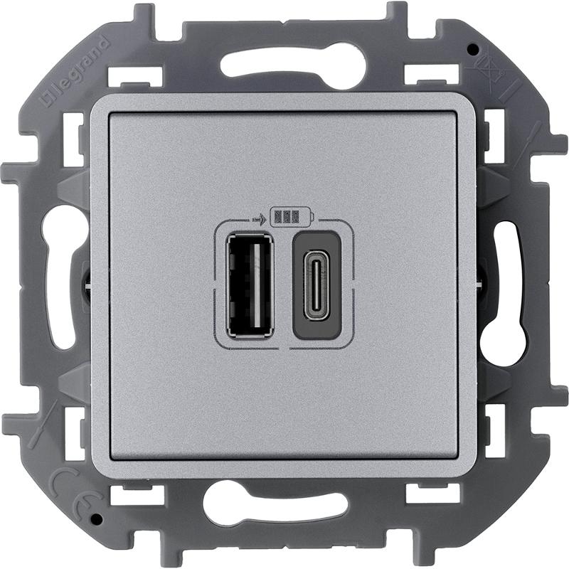 Inspiria Алюминий Устройство зарядное 2 местное с USB-разьемами A-C 240В/5В 3000мА С/У без рамки