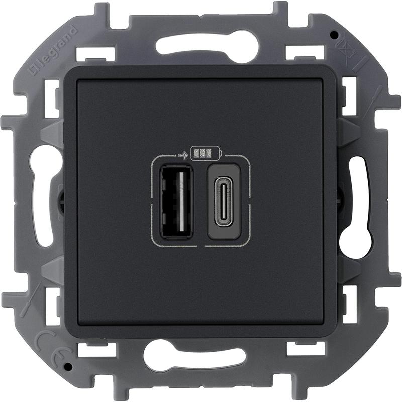 Inspiria Антрацит Устройство зарядное 2 местное с USB-разьемами A-C 240В/5В 3000мА С/У без рамки