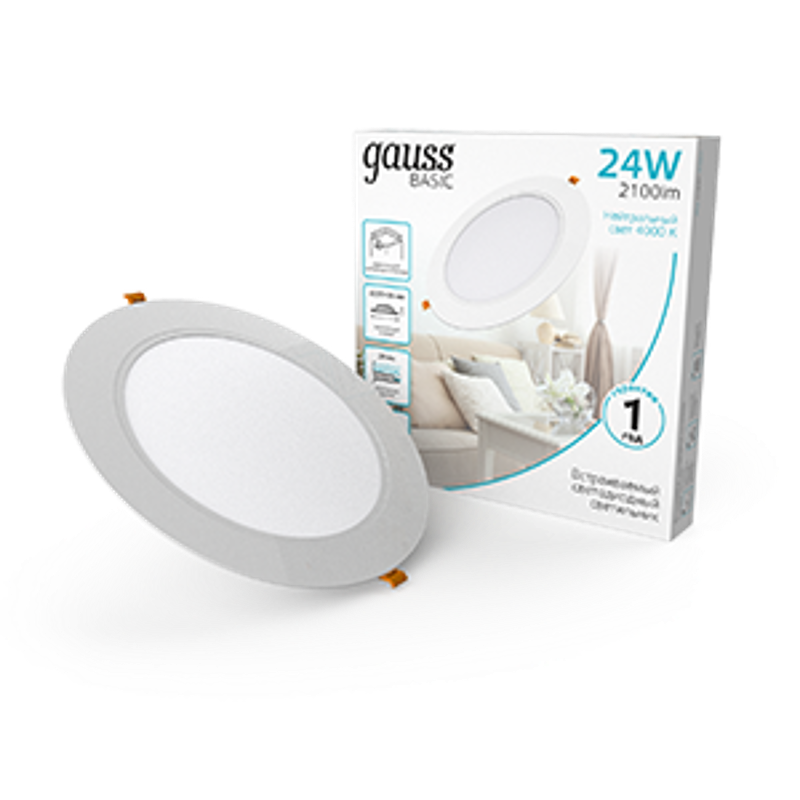 Светильник  Basic Downlight круг 24W 2100m 4000K 170-260V IP20 225*26 белый LED 1/40