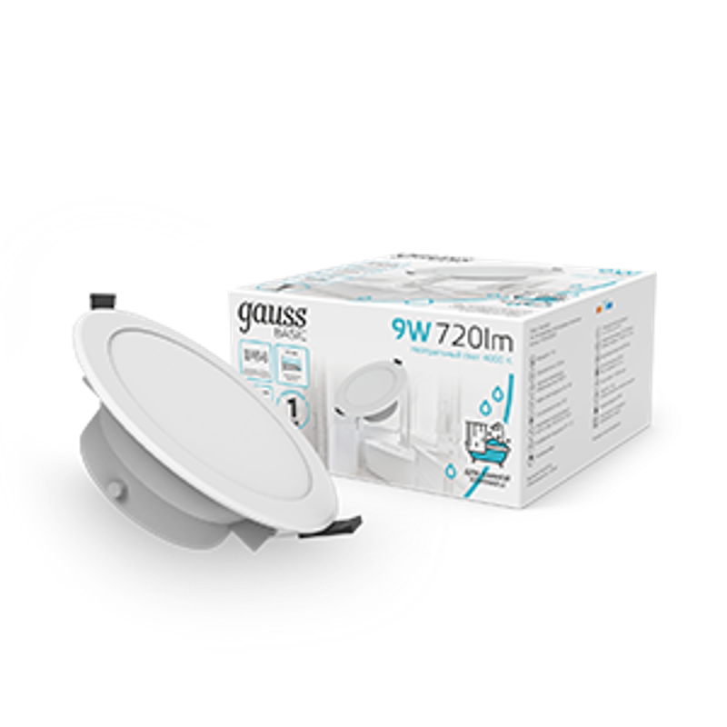 Светильник  Basic Downlight круг 9W 720lm 4000K 185-250V IP54 110*44 белый LED 1/40