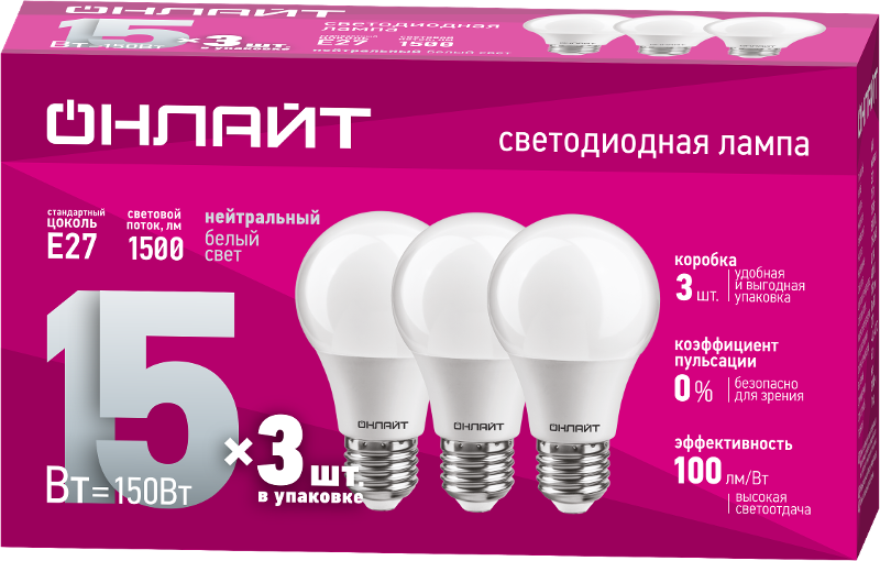 Лампа светодиодная 90 607 OLL-A60-15-230-4K-E27-PACK3