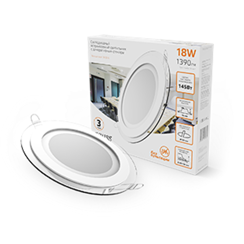 Светильник светодиодный встраиваемый круглый с декоративным стеклом, 200х30,O155, 18W 3000K 1390лм