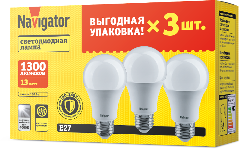Лампа светодиодная   95 319 NLL-A60-13-230-4K-E27-PACK3