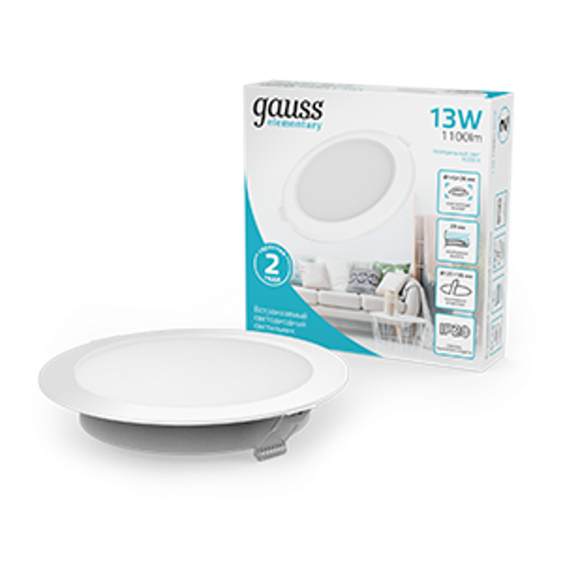 Светильник Gauss Elementary Downlight круг 13W 1100m 4000K 170-260V IP20 145*26 белый LED 1/60