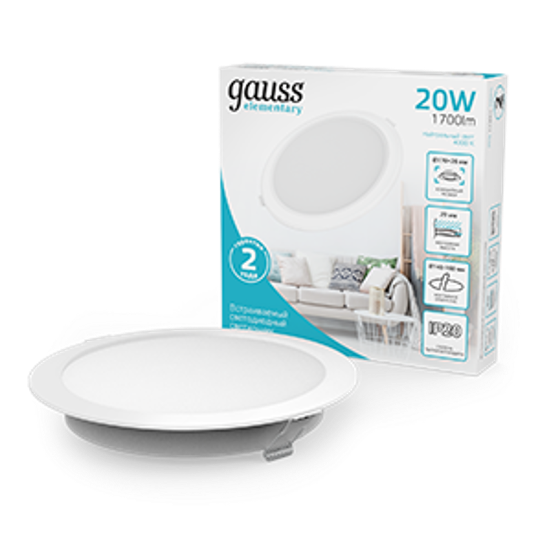 Светильник Gauss Elementary Downlight круг 20W 1700lm 4000K 170-260V IP20 170*26 белый LED 1/60