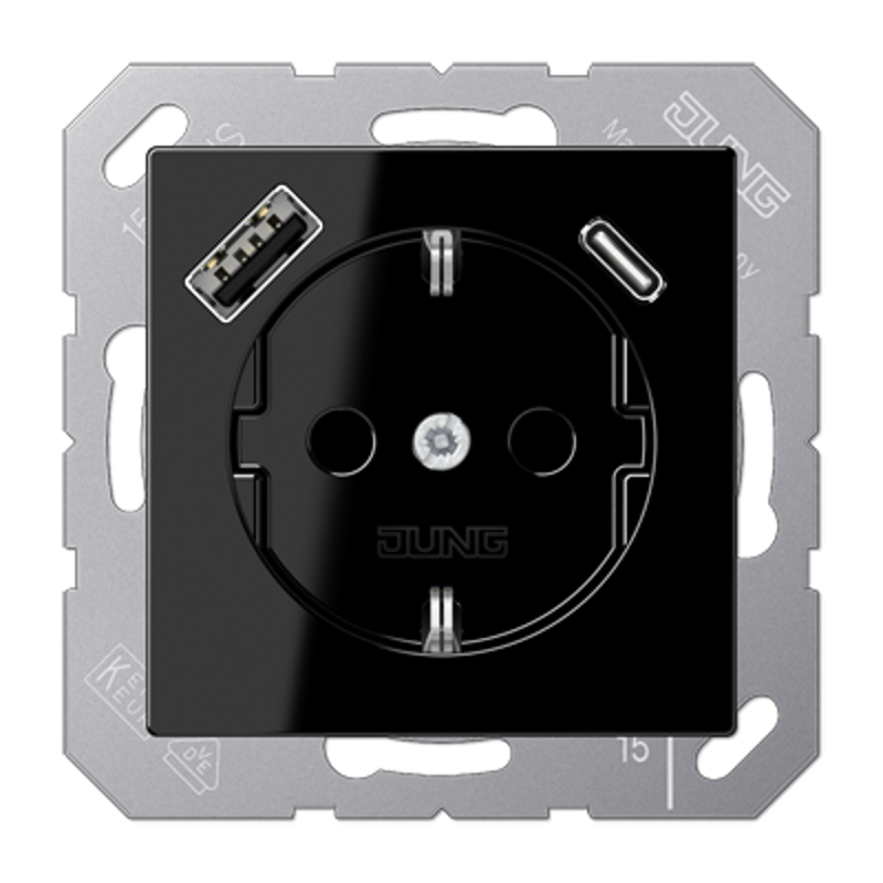 Розетка SCHUKO® с USB-зарядным устройством, тип A + тип С; термопласт; черный