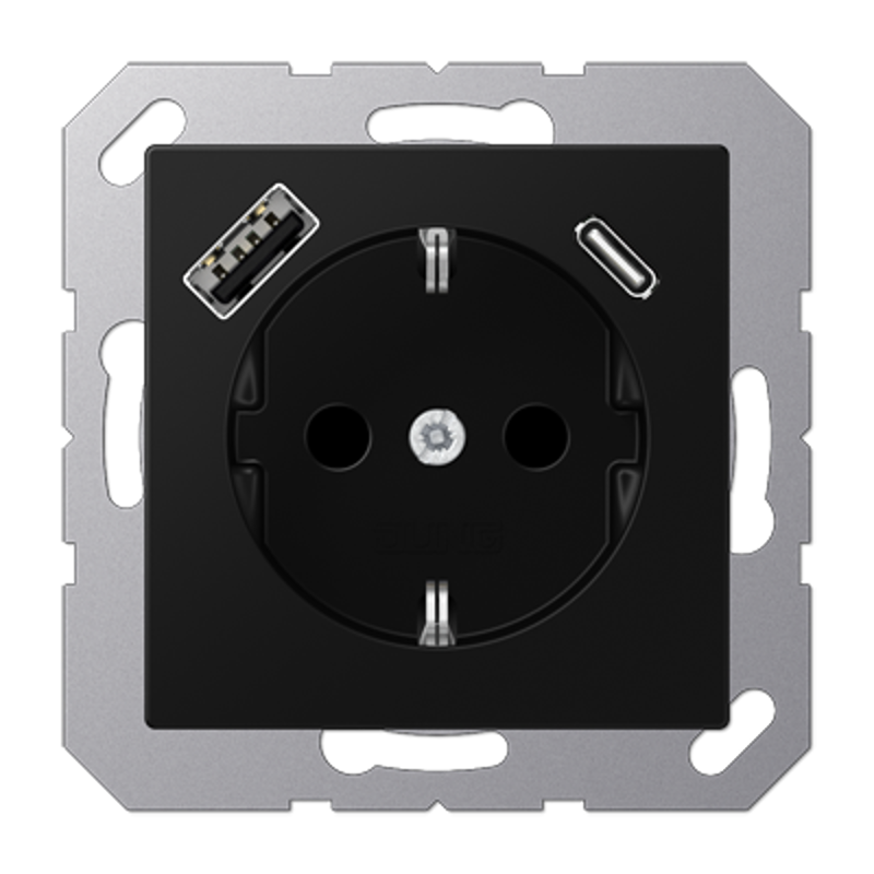 Розетка SCHUKO® с USB-зарядным устройством, тип A + тип С; термопласт; черный матовый