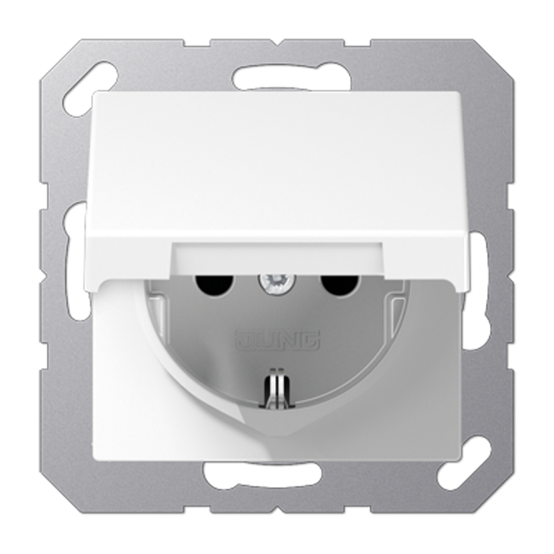 Штепсельная розетка SCHUKO 16А / 250В с защитными шторками, с подпружиненной откидной крышкой, возможно IP44, пружинные зажимы; дюропласт; белый; A500