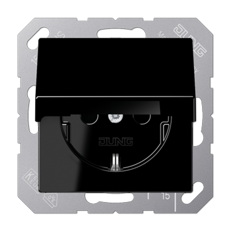 Штепсельная розетка SCHUKO 16А / 250В с подпружиненной откидной крышкой, возможно IP44, пружинные зажимы; дюропласт; черный; A500