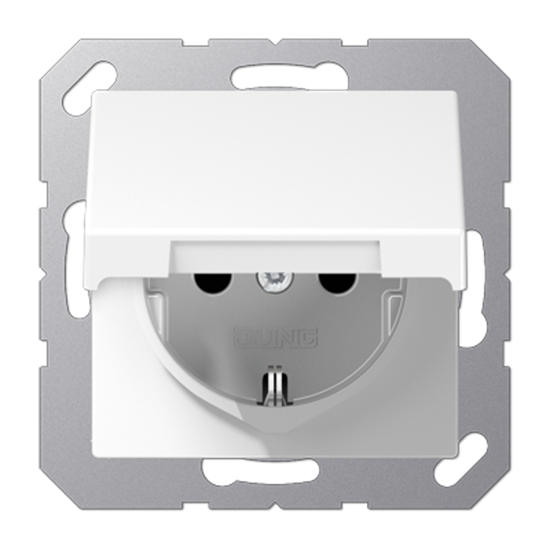 Штепсельная розетка SCHUKO 16А / 250В с подпружиненной откидной крышкой, возможно IP44, пружинные зажимы; дюропласт; белый; A500