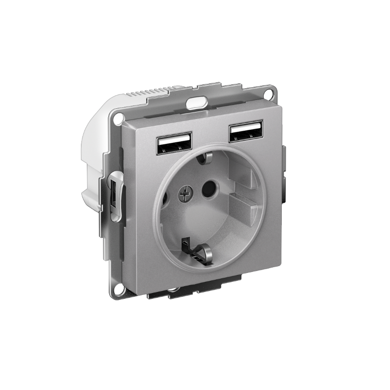 AtlasDesign Алюминий Розетка 16А c 2 USB A+A, 5В/2,4А, 2х5В/1,2А, механизм