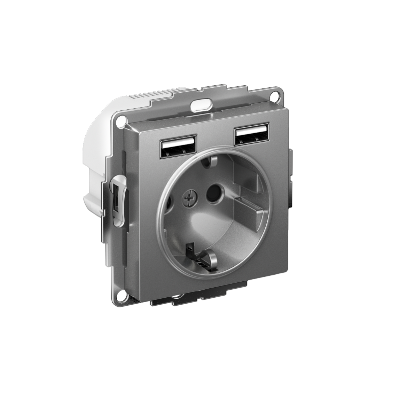 AtlasDesign Сталь Розетка 16А c 2 USB A+A, 5В/2,4 А, 2х5В/1,2 А, механизм
