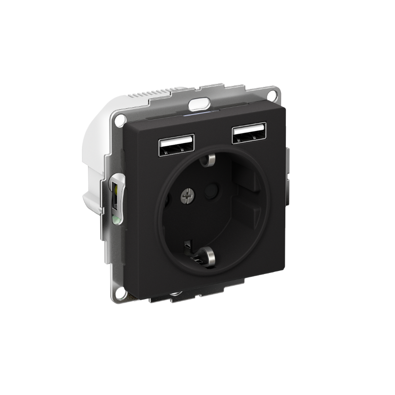 AtlasDesign Карбон Розетка 16А c 2 USB A+A, 5В/2,4А, 2х5В/1,2 А, механизм