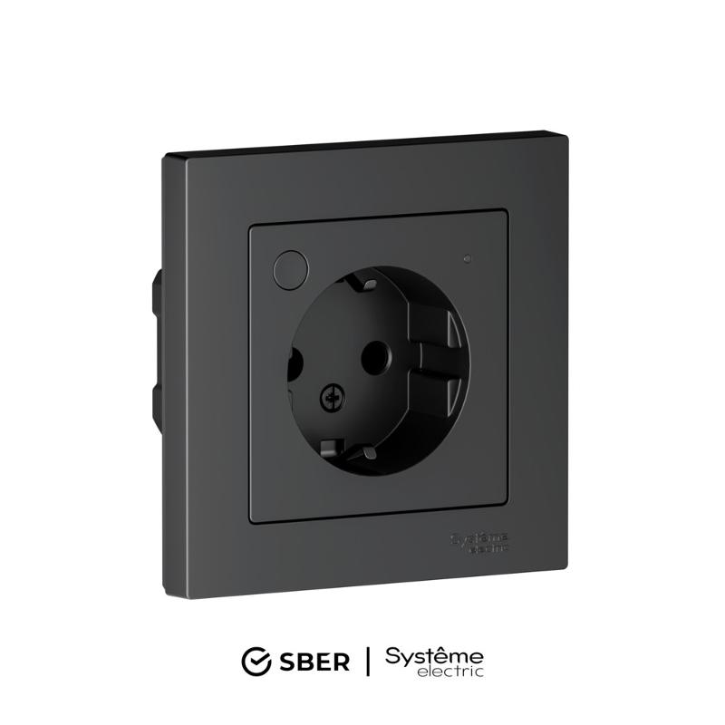 AtlasDesign SMART Карбон Розетка с заземлением со шторками., Zigbee, L+N, 16А, механизм