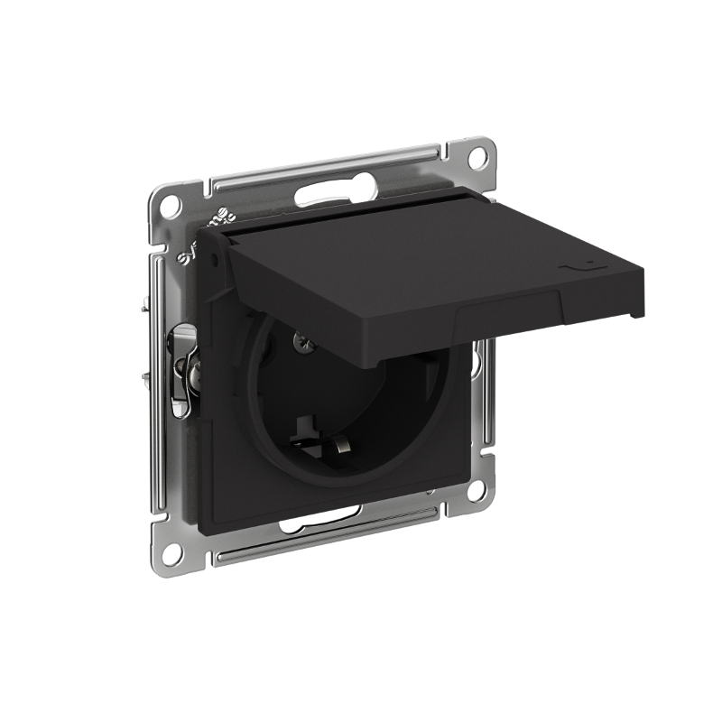 AtlasDesign Карбон Розетка с заземлением со шторками с крышкой,16А,IP20,механизм, быстрозажимные клеммы