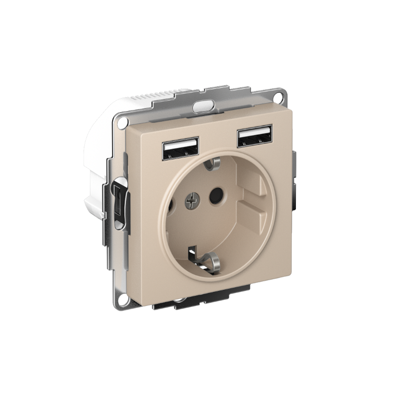 AtlasDesign Песочный Розетка 16А c 2 USB A+A, 5В/2,4А, 2х5В/1,2А, механизм