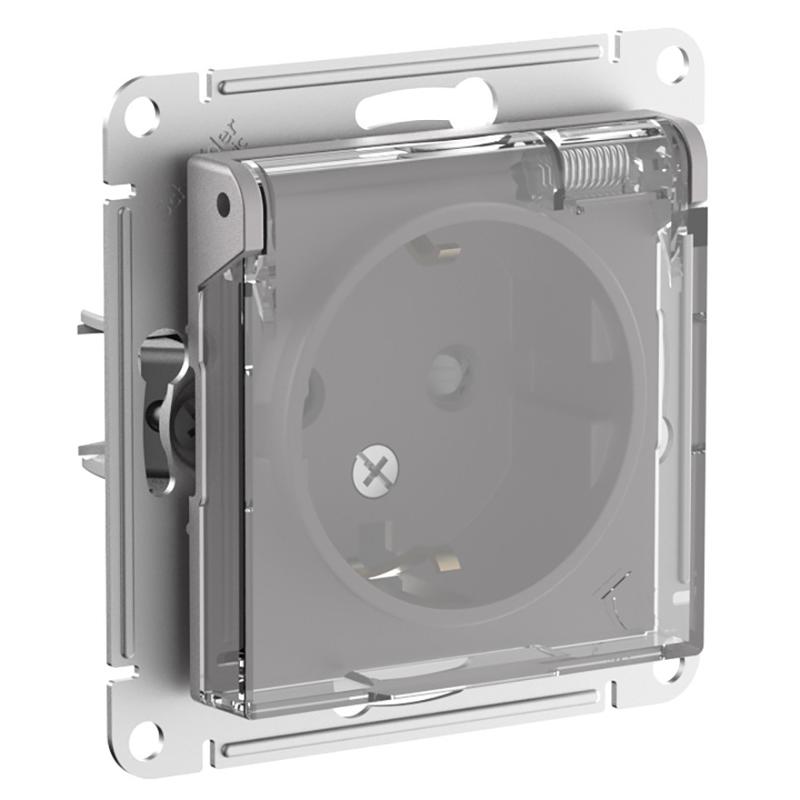 AtlasDesign Aqua Розетка с заз. со шт. с прозрач. крышк, 16А,IP44, мех,Алюминий