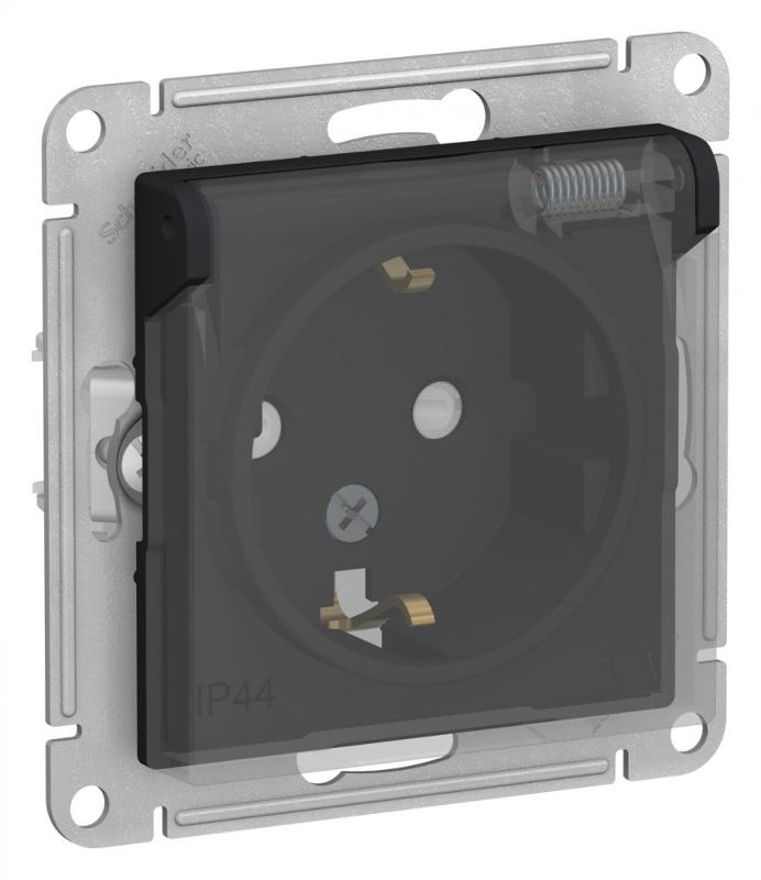 AtlasDesign Aqua Карбон Розетка с заземлением со шторк с крышк, 16А, IP44, механизм