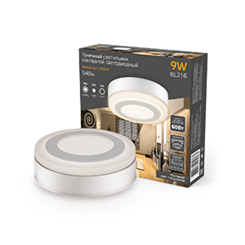 Светильник  Backlight накладной BL216 Кругл. Акрил, 6+3W, LED 3000K, Ø145, 1/30
