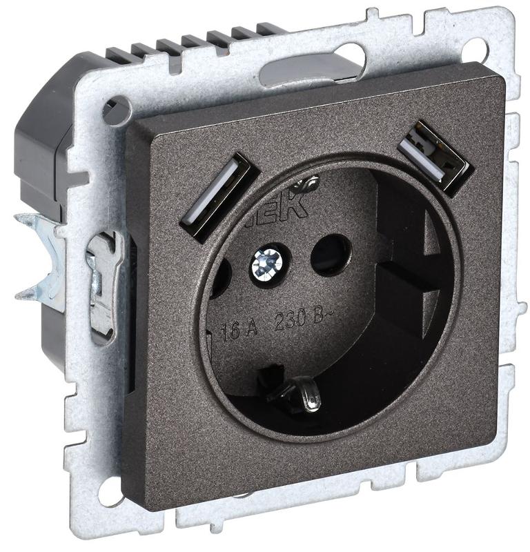 BRITE Розетка с заземлением со шторками 16А с USB A+A 2,1А РЮш10-1-БрТБ темная бронза