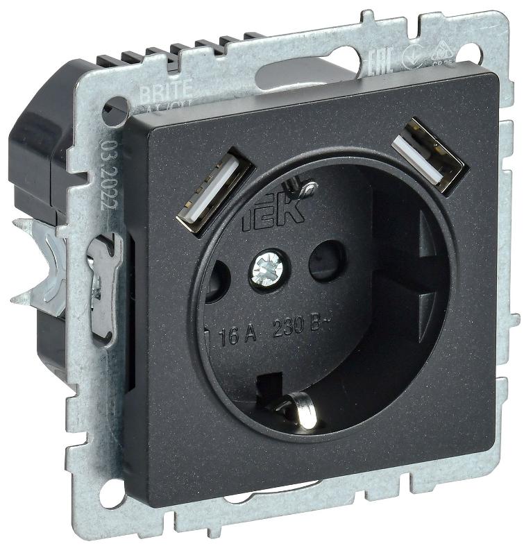 BRITE Розетка с заземлением со шторками 16А с USB A+A 3,1А РЮш10-2-БрЧ черный