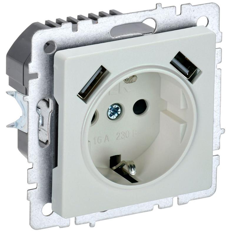 BRITE Розетка с заземлением со шторками 16А с USB A+A 3,1А РЮш10-2-БрЖ жемчужный