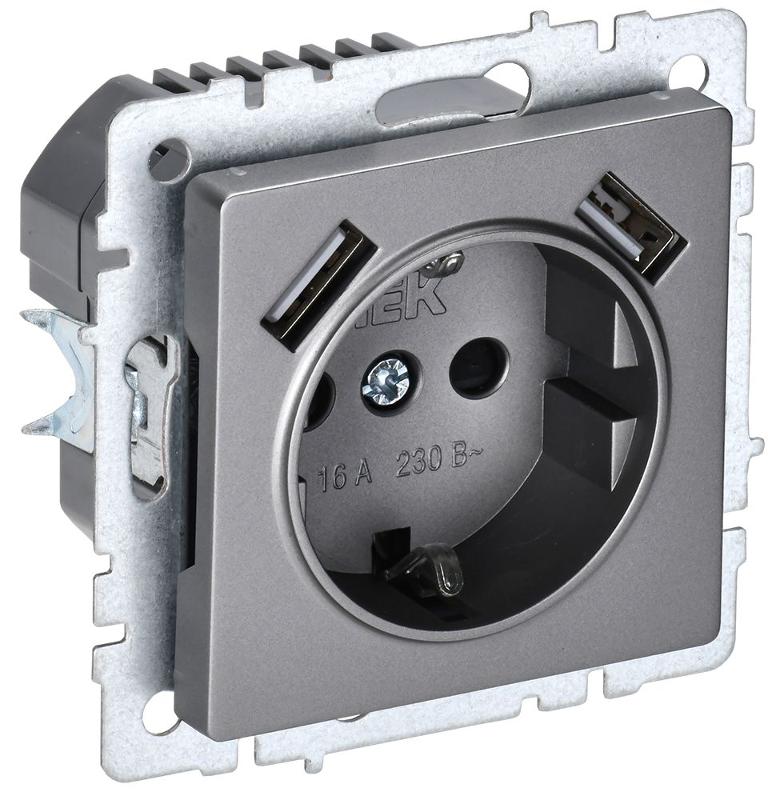 BRITE Розетка с заземлением со шторками 16А с USB A+A 3,1А РЮш10-2-БрС сталь