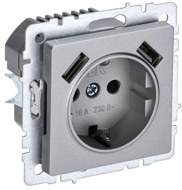 BRITE Розетка с заземлением со шторками 16А с USB A+A 3,1А РЮш10-2-БрА алюминий