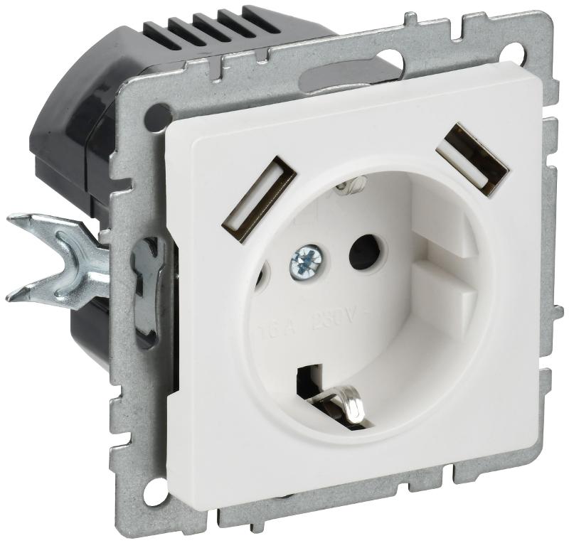BRITE Розетка 1-местная с заземлением с защитными шторками 16А с USB A+A 5В 3,1А РЮш10-2-БрАБ арктический белый