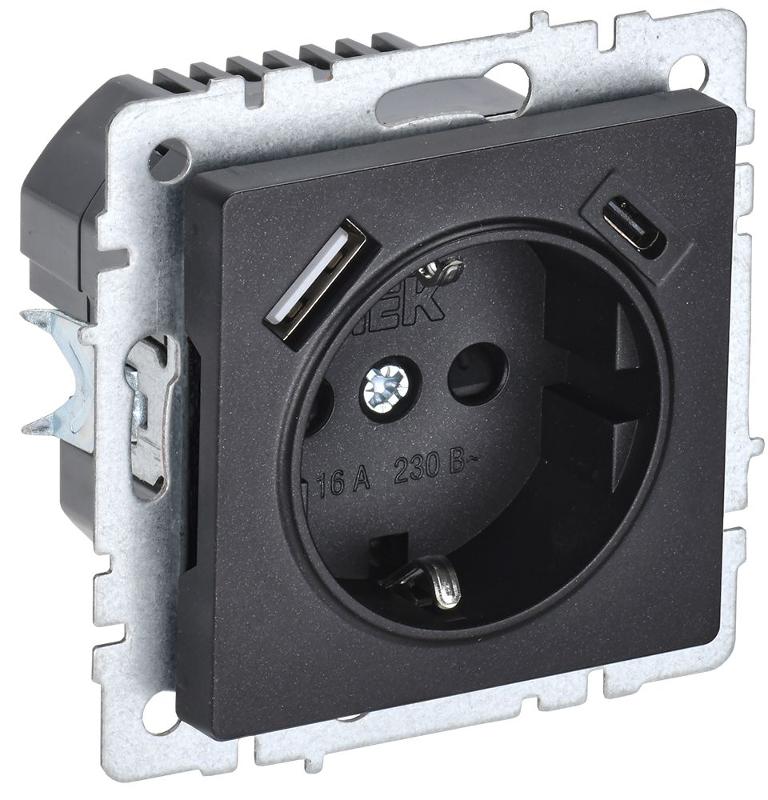 BRITE Розетка с заземлением со шторками 16А с USB A+C 18Вт РЮш11-1-БрЧ черный