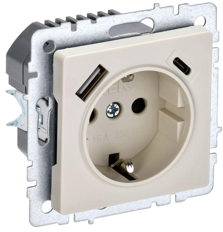 BRITE Розетка с заземлением со шторками 16А с USB A+C 18Вт РЮш11-1-БрКр бежевый