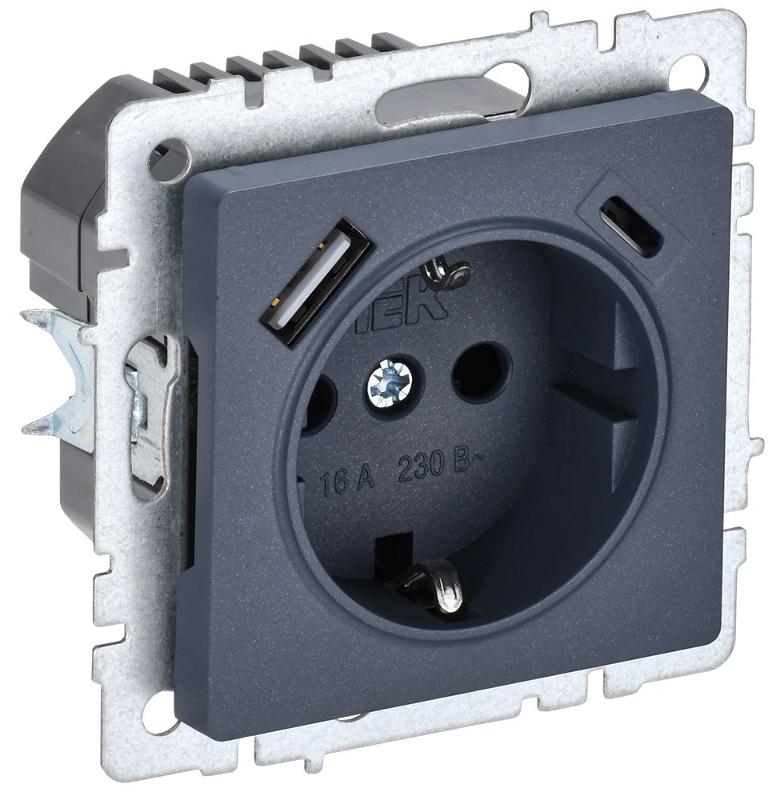 BRITE Розетка с заземлением со шторками 16А с USB A+C 18Вт РЮш11-1-БрМ маренго