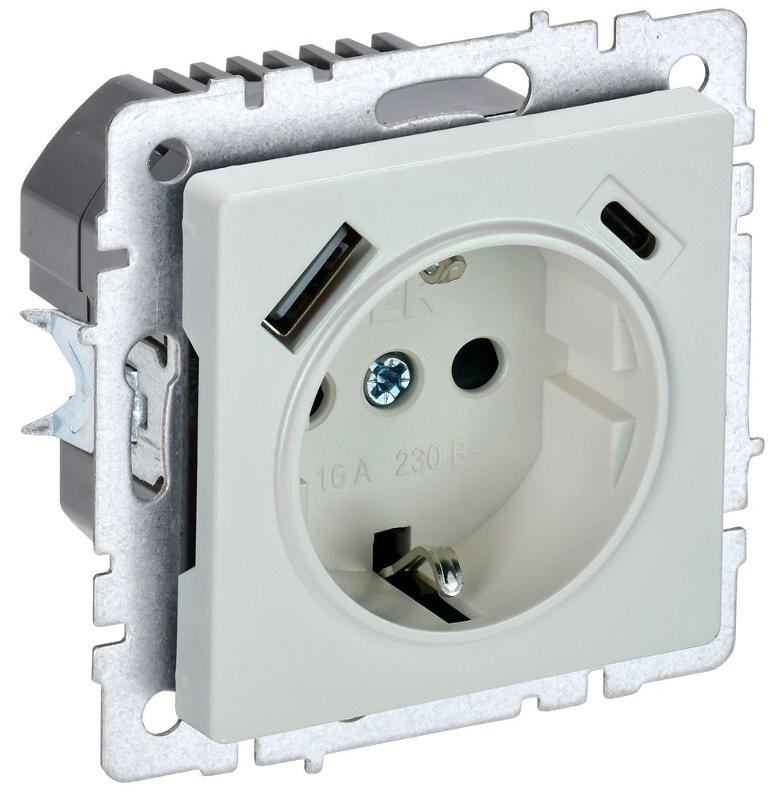 BRITE Розетка с заземлением со шторками 16А с USB A+C 18Вт РЮш11-1-БрЖ жемчужный