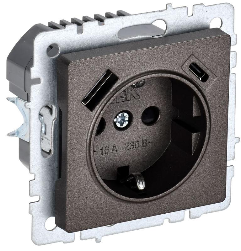 BRITE Розетка с заземлением со шторками 16А с USB A+C 18Вт РЮш11-1-БрТБ темная бронза
