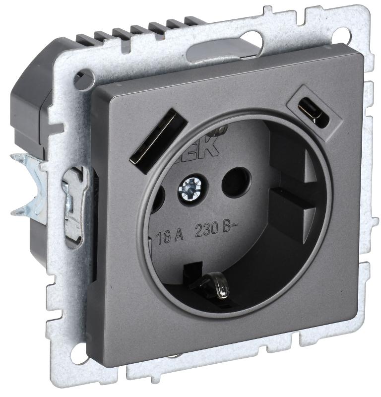 BRITE Розетка с заземлением со шторками 16А с USB A+C 18Вт РЮш11-1-БрС сталь