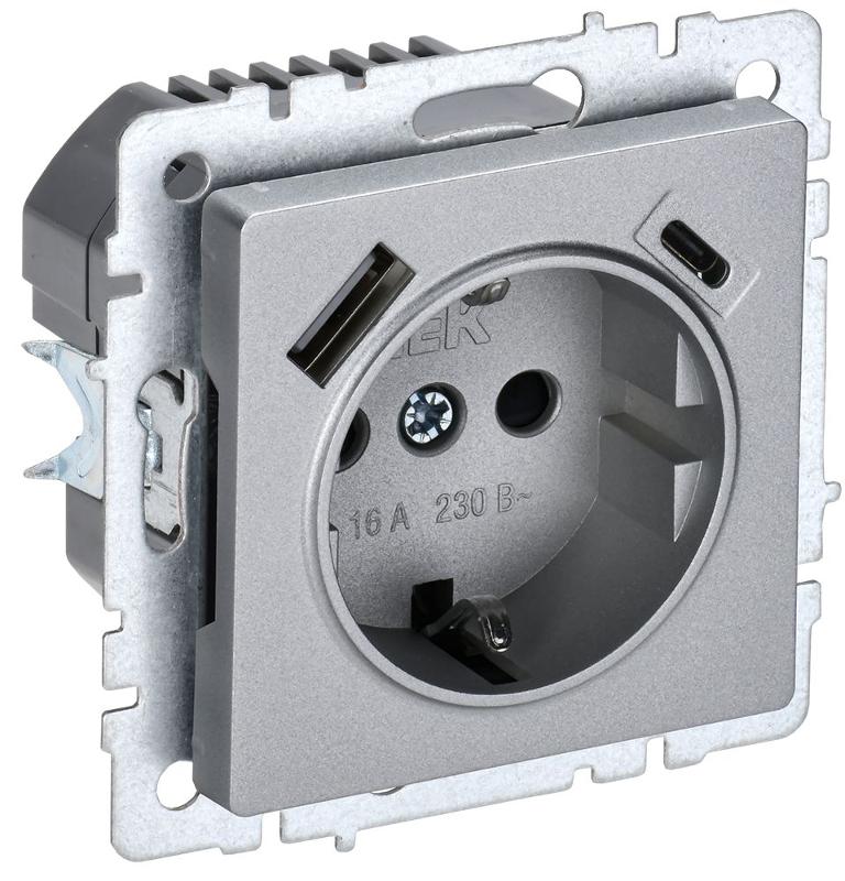 BRITE Розетка с заземлением со шторками 16А с USB A+C 18Вт РЮш11-1-БрА алюминий