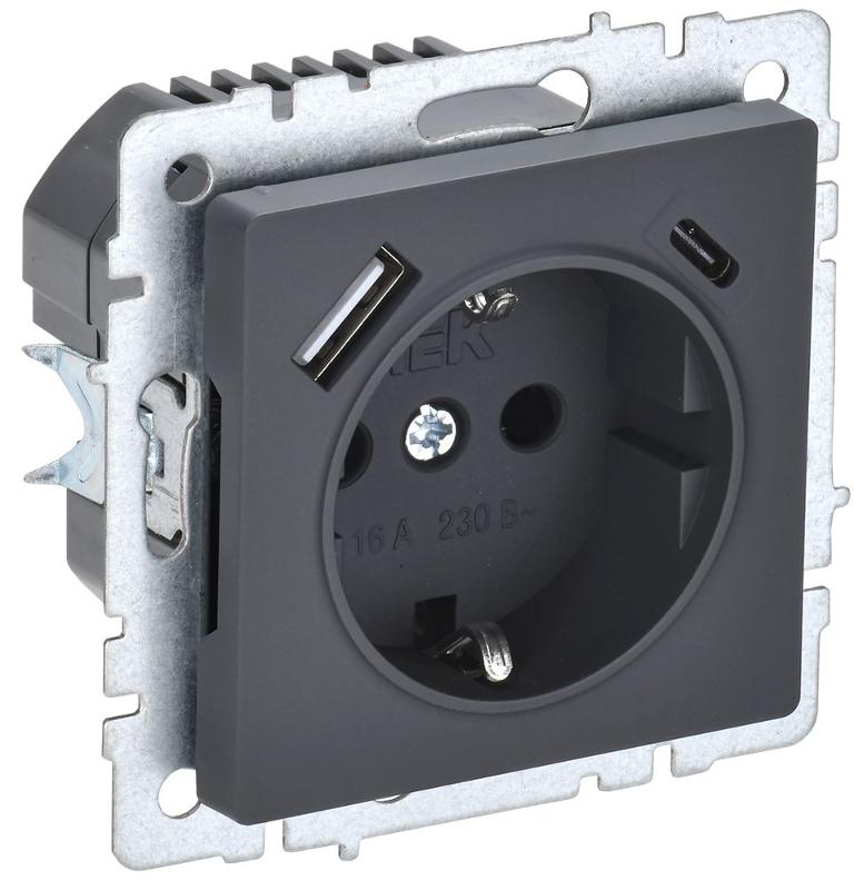 BRITE Розетка с заземлением со шторками 16А с USB A+C 18Вт РЮш11-1-БрГ графит