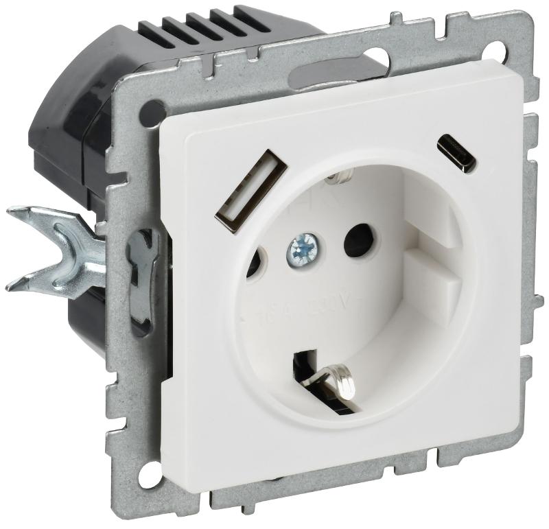 BRITE Розетка 1-местная с заземлением с защитными шторками 16А с USB A+C 18Вт РЮш11-1-БрАБ арктический белый