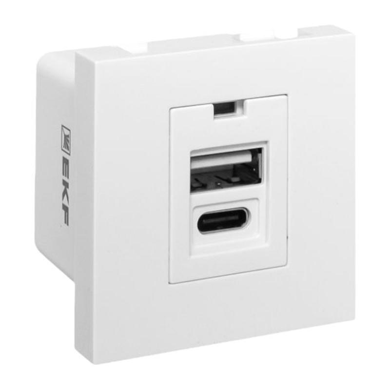 Розетка USB A+C, 2.1А, 2 гнезда, без индикатора, белая 45*45мм