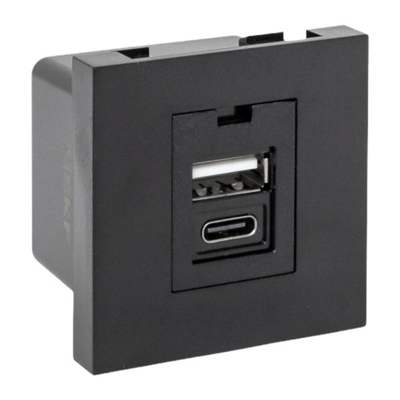 Розетка USB A+C, 2.1А, 2 гнезда, без индикатора, черная, матовая