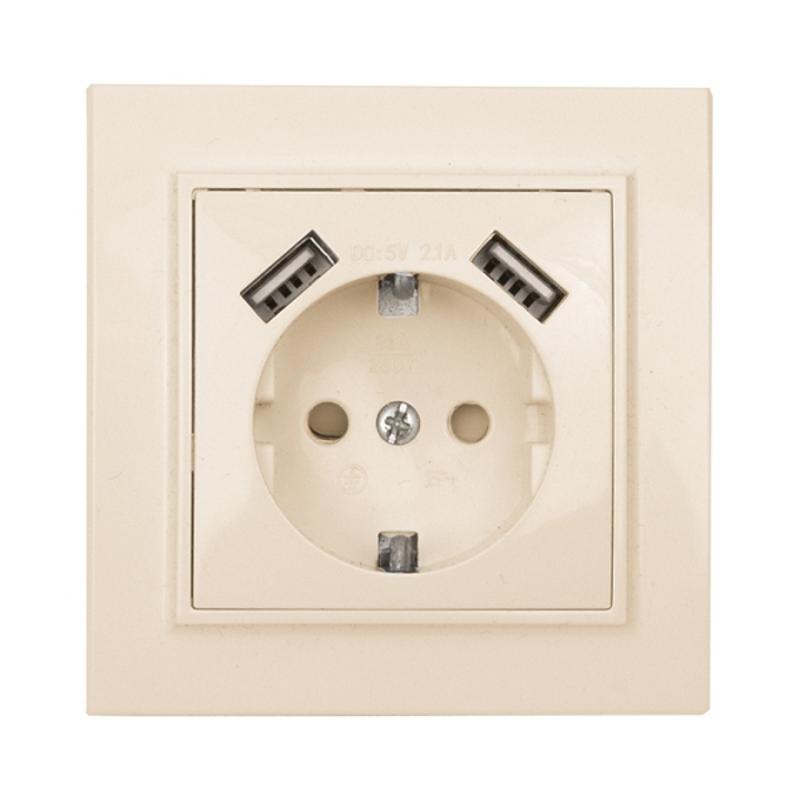 Минск Розетка 1-местная СП с/з 16А бежевая с защ. штор. с 2 USB 2,1А