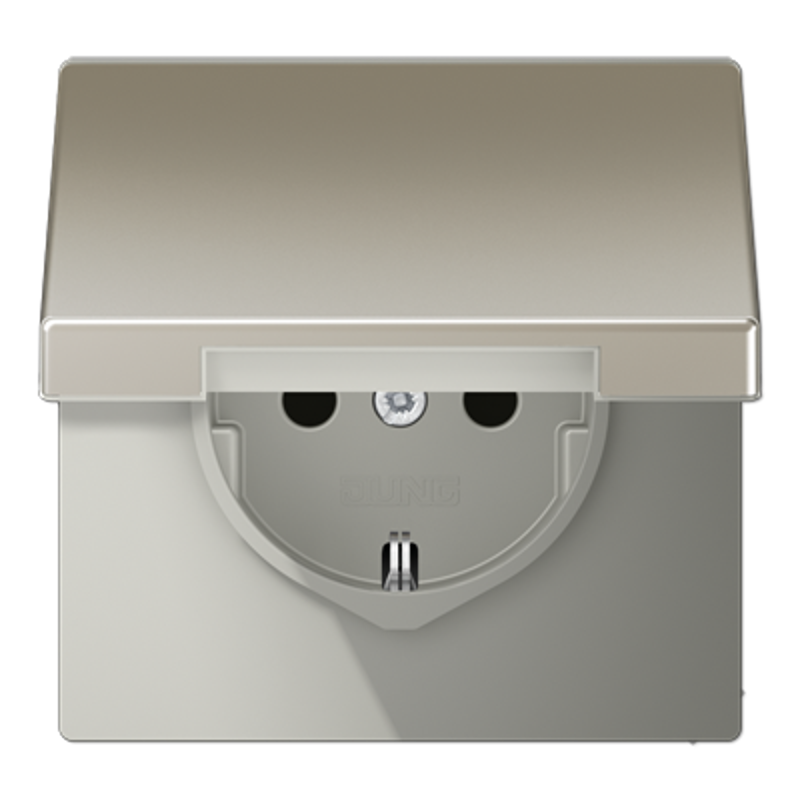 Штепсельная розетка SCHUKO 16А / 250В с защитными шторками, с подпружиненной откидной крышкой, пружинные зажимы, возможно IP44; металл; нержавеющая ст