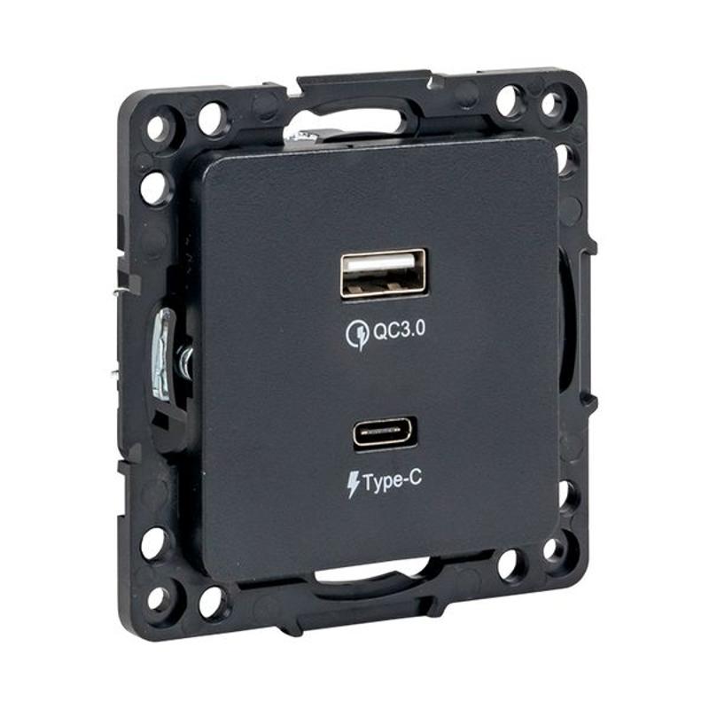 Стокгольм Механизм Розетки с 2USB type-A + type-C черный PROxima