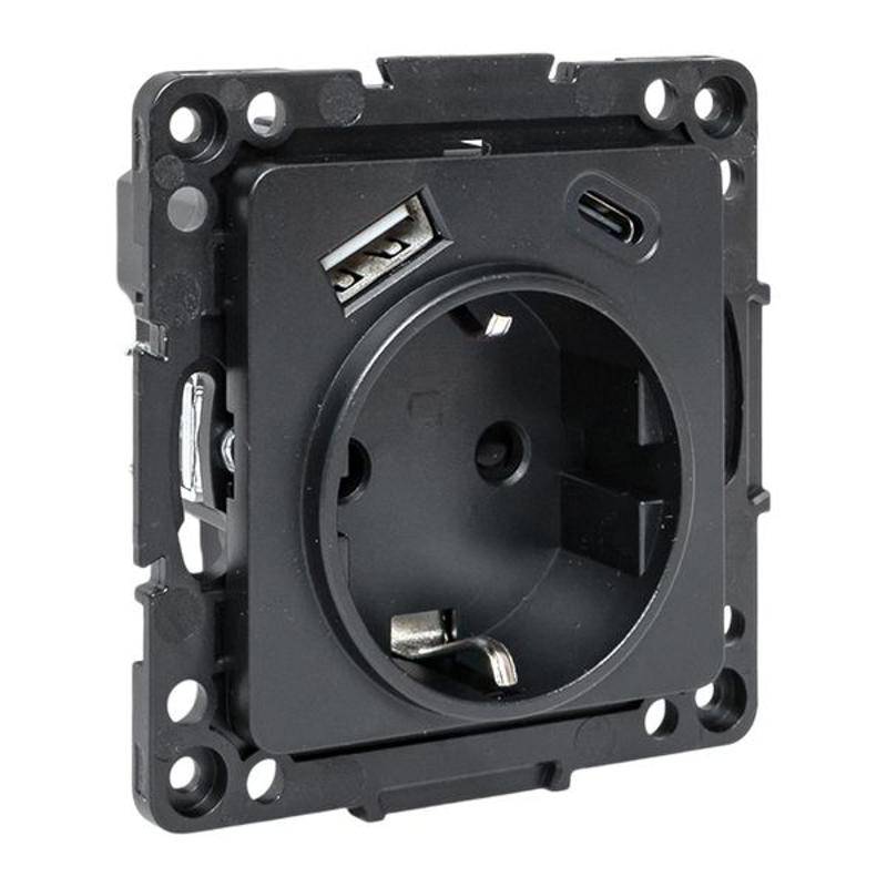 Стокгольм Механизм Розетки 1-местной с/з, USB A+C 16А винтовые клеммы черный с защ. штор.