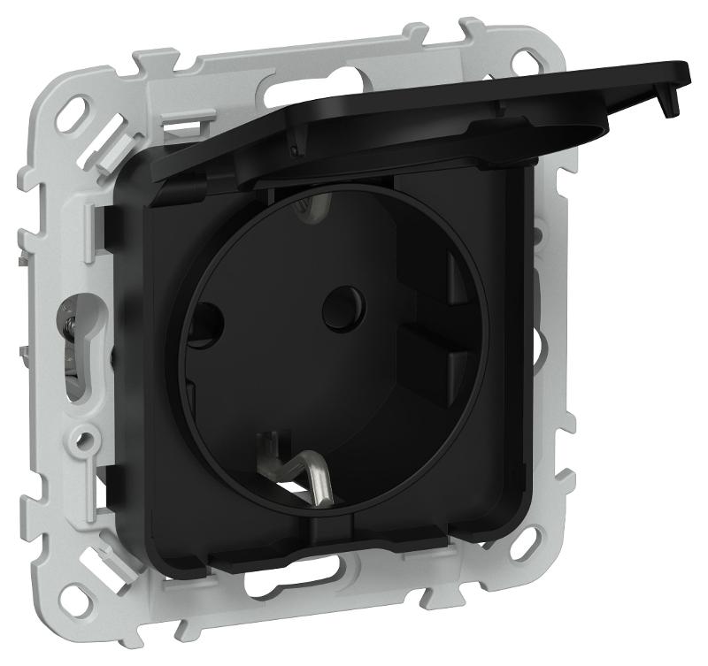 FLITE Розетка с заземлением со шторками с крышкой быстрозажимные клеммы 16А IP44 РСшкр11-1-44-ФлЧ черный