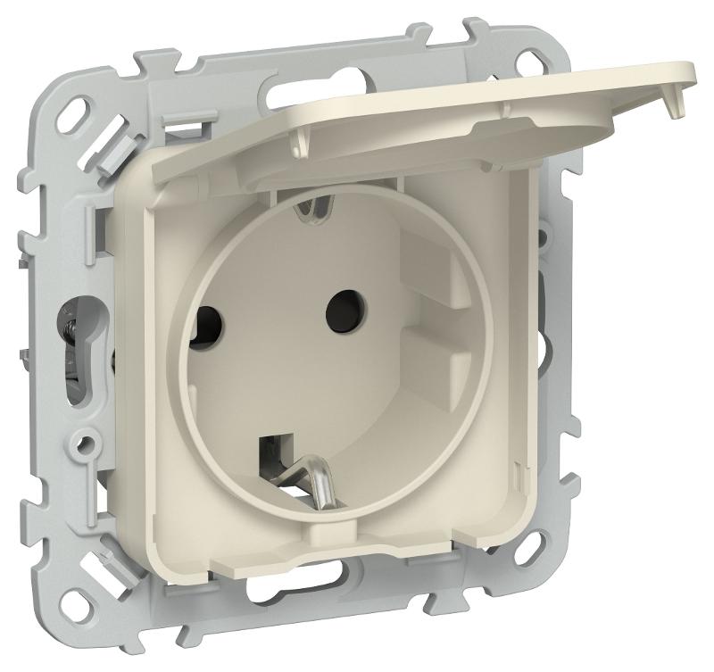 FLITE Розетка с заземлением со шторками с крышкой быстрозажимные клеммы 16А IP44 РСшкр11-1-44-ФлСл сливочный