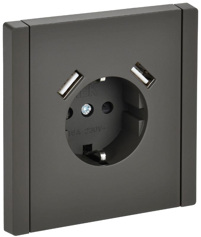 FORTE&PIANO Розетка с заземлением, со шторками в/к 16А USB A+A 3,1А FP345 серый