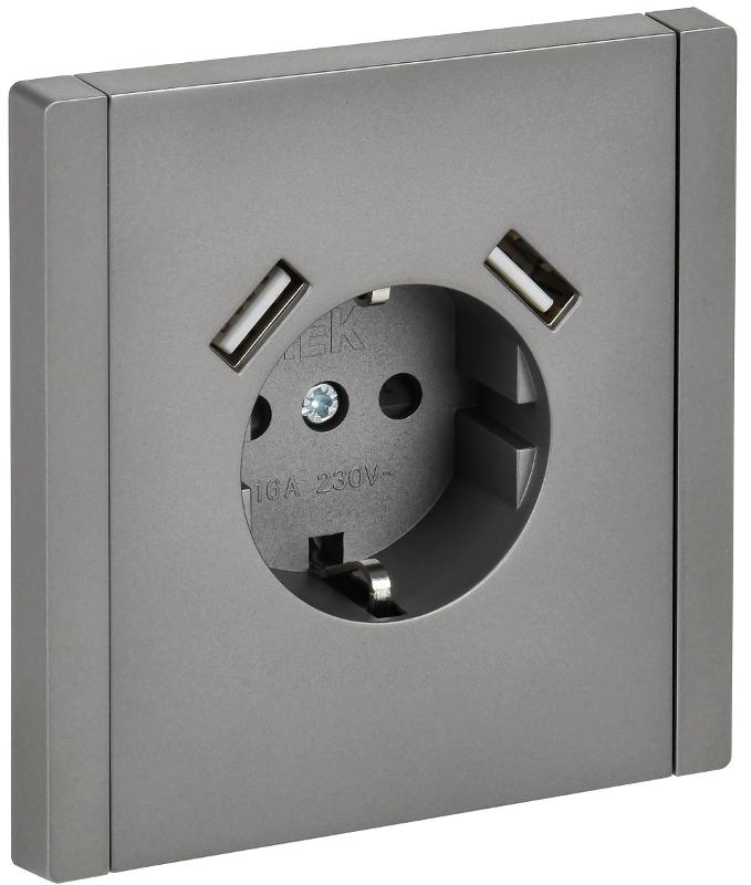 FORTE&PIANO Розетка с заземлением, со шторками в/к 16А USB A+A 3,1А FP545 сталь