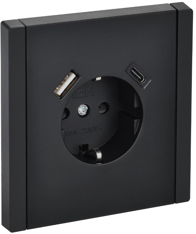 FORTE&PIANO Розетка с заземлением, со шторками в/к 16А USB A+C 18Вт FP147 черный